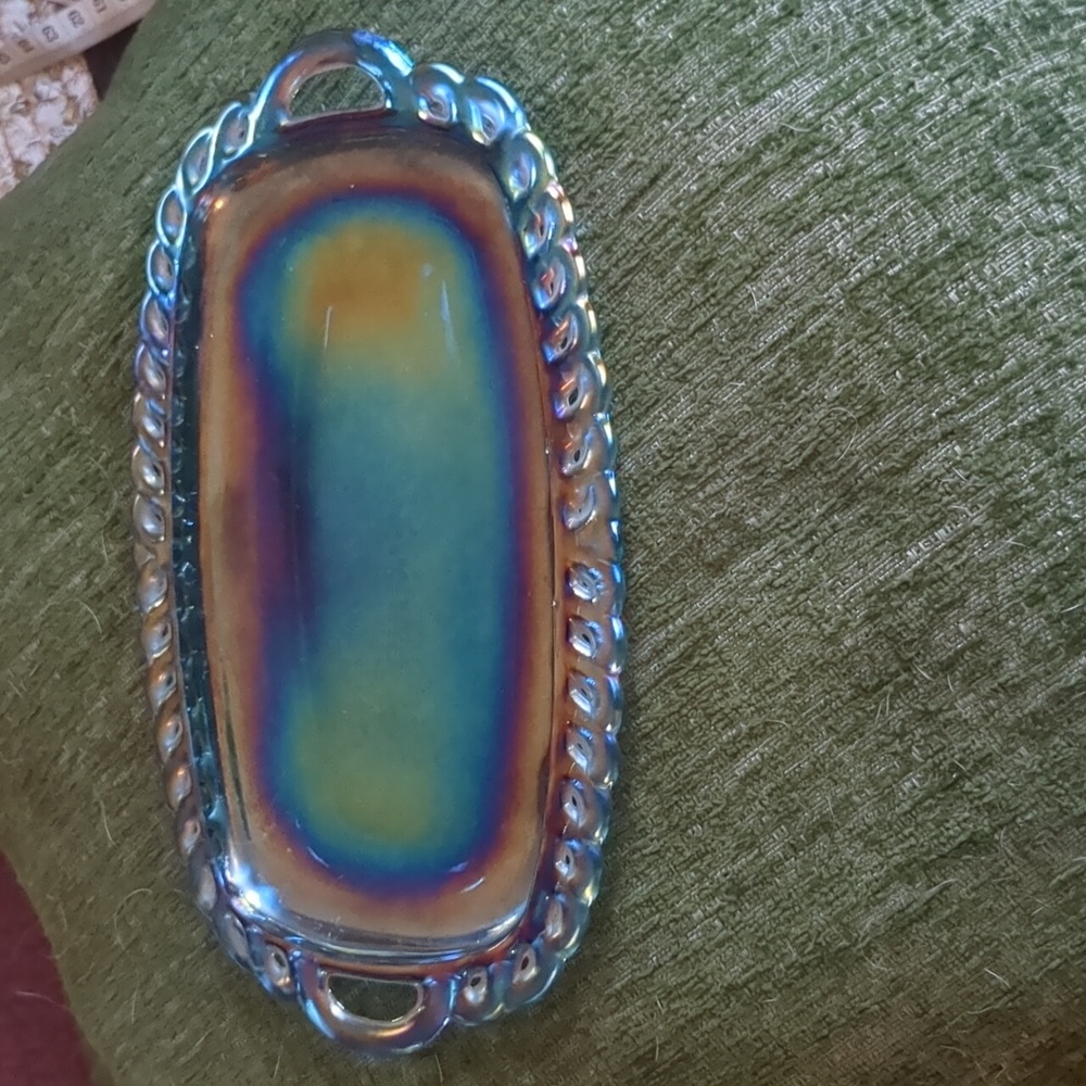 Vintage iridescent blue carnival glass trinket tray/butter dish
